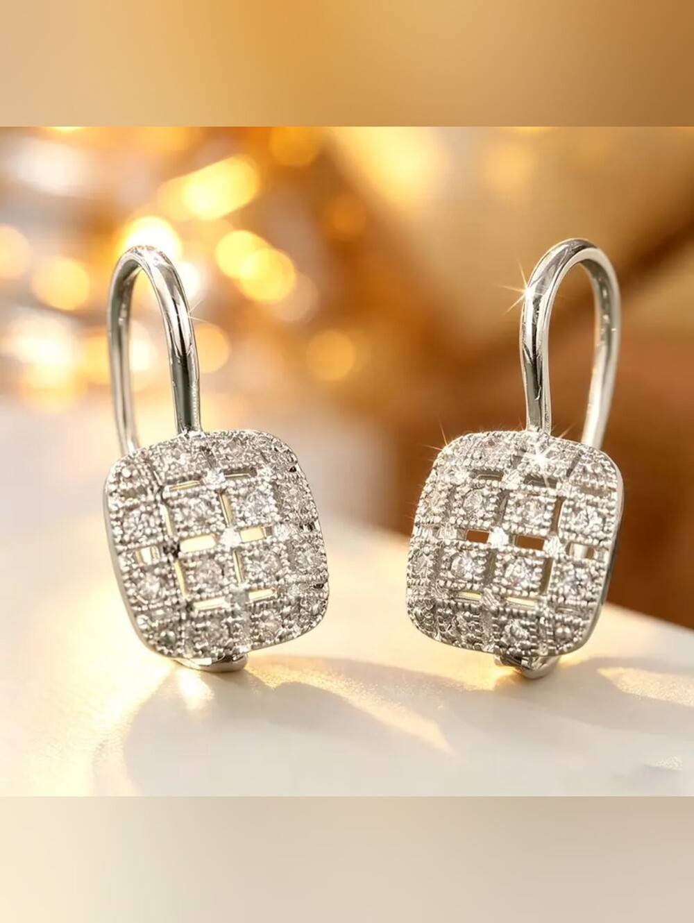 White Rhodium Quartz Grid Drop Earrings
